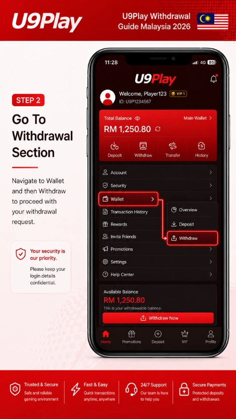 U9play member dashboard showing the Wallet and Withdraw menu
