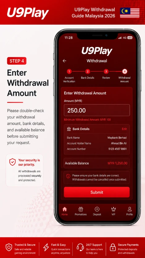 U9play withdrawal amount entry screen