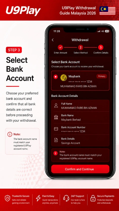U9play withdrawal page with bank account details form